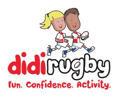 didi rugby logo showing a boy and girl mascot with the words 'fun, confidence and activity' below them
