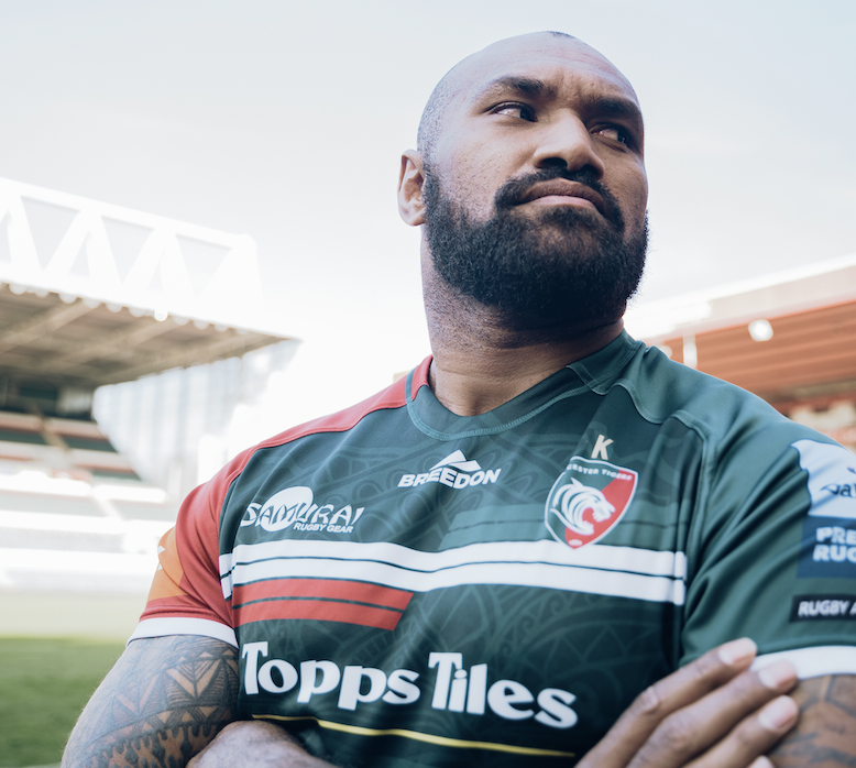 Leicester Tigers player Namani Nadolo wears a green top with SAMURAI branding on it