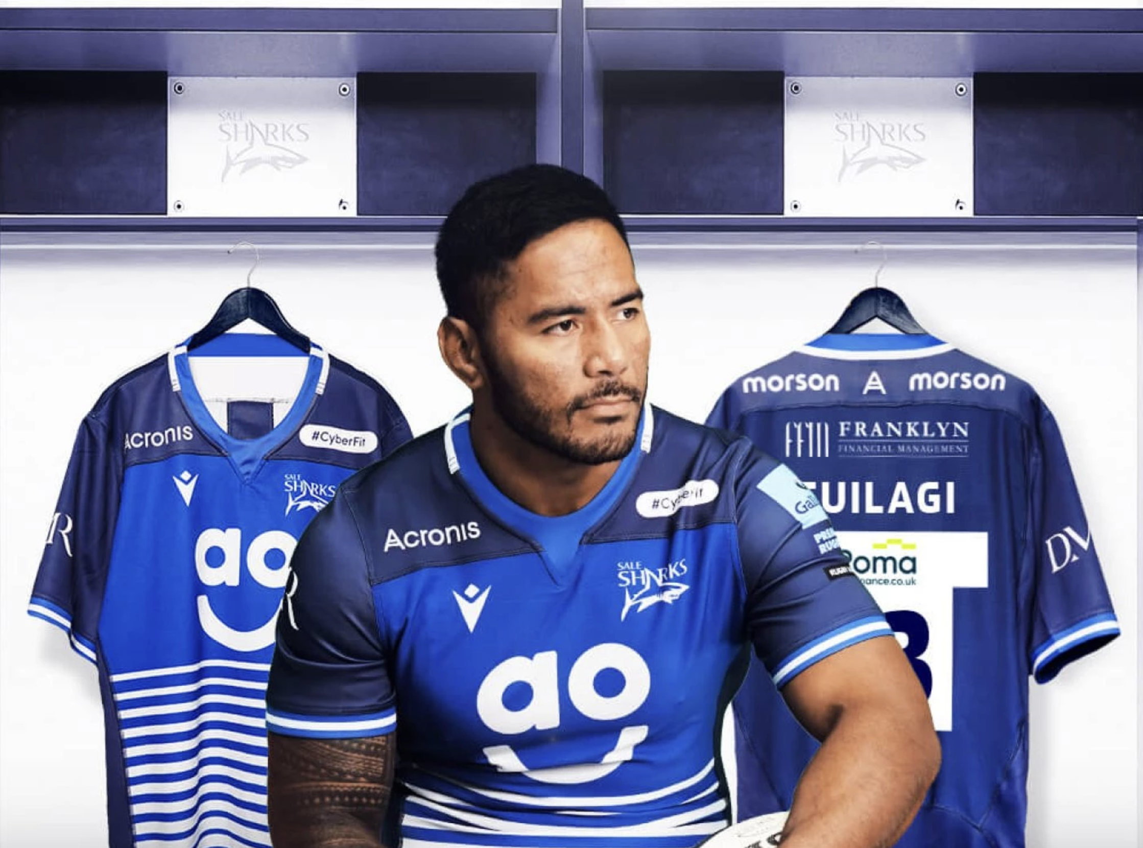 Manu Tuilagi wearing a blue Sale Sharks rugby kit, sat in changing rooms.